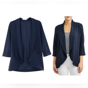 RW&CO women's navy blue open front draped blazer jacket Sz L classy pockets
